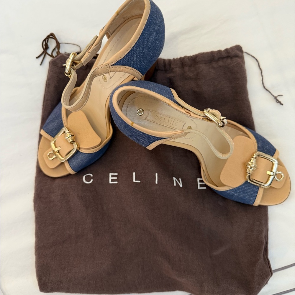 Like New - Celine Denim Blue and Beige Sandals